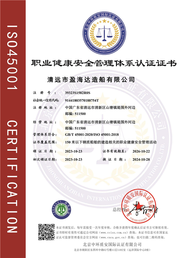 Occupational Health and Safety Management System Certificate
